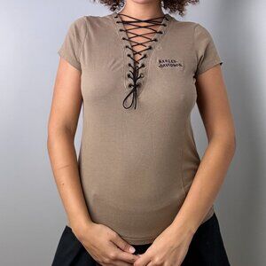 Y2K 2008 Harley Davidson Tan Lace-up V-neck Short Sleeve Top